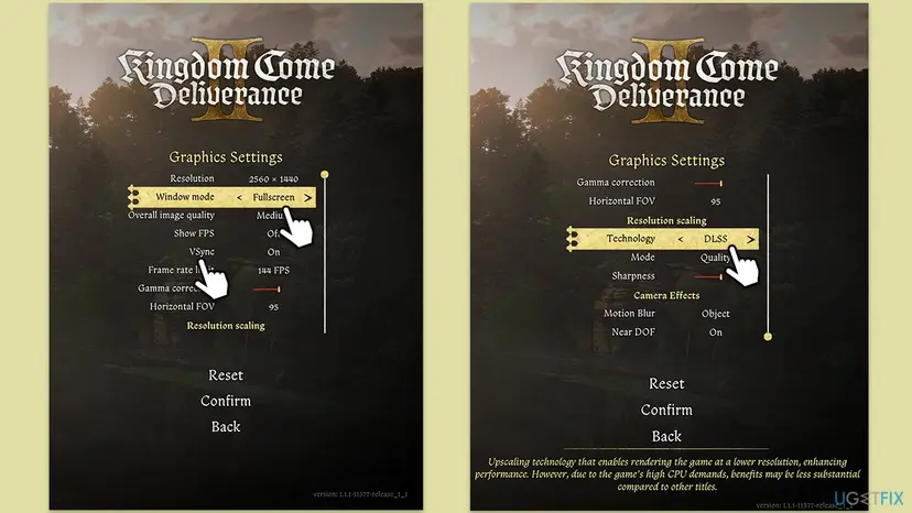 Kingdom Come Deliverance II Graphics Settings menu with Window mode, Overall image quality, VSync and Frame rate limit, and Resolution scaling set to DLSS