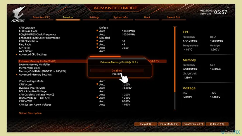 Gigabyte AORUS BIOS in Advanced Mode on the Tweaker tab with the Extreme Memory Profile (X.M.P.) option being set to Disabled