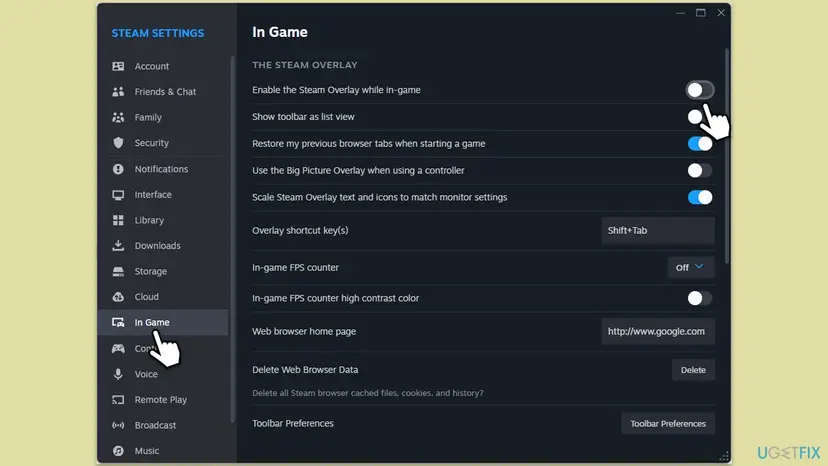 Steam Settings window on the In Game page with the Enable the Steam Overlay while in-game switch turned off
