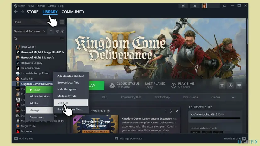 Steam library with the Kingdom Come Deliverance II right-click menu open on Manage and Uninstall selected