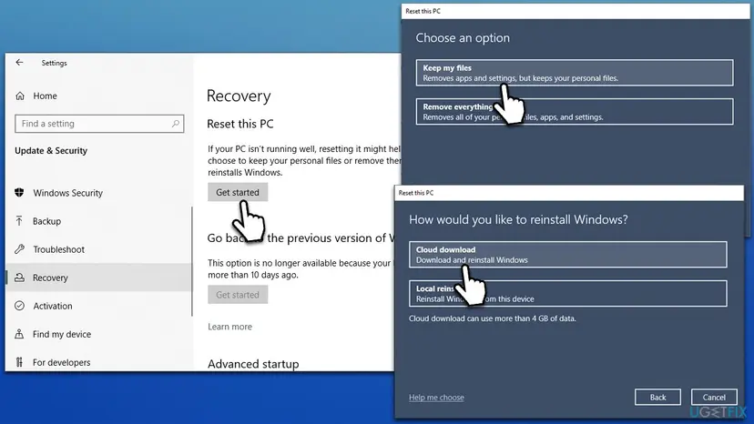 Windows 10 Recovery settings with Reset this PC, and the Choose an option window with Keep my files and the Cloud download choice selected