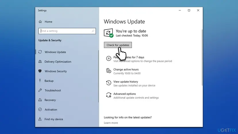 Windows 10 Settings, Update & Security, Windows Update page with the Check for updates button and the status You're up to date