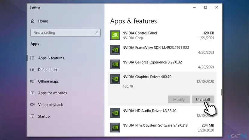 Windows 10 Settings Apps and features list with NVIDIA Graphics Driver 460.79 selected and its Uninstall button highlighted