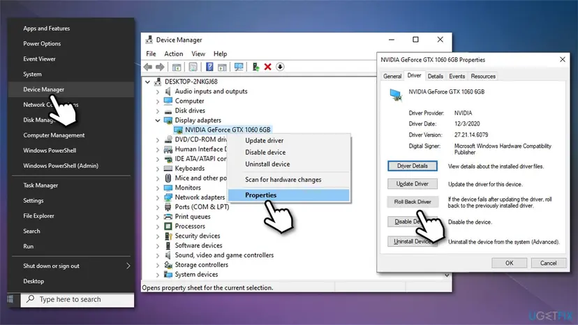 Windows 10 Device Manager with Display adapters expanded, NVIDIA GeForce GTX 1060 6GB Properties open on the Driver tab and the Roll Back Driver button highlighted
