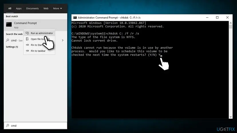 Command Prompt search result and a Command Prompt window asking to schedule the disk check at the next restart