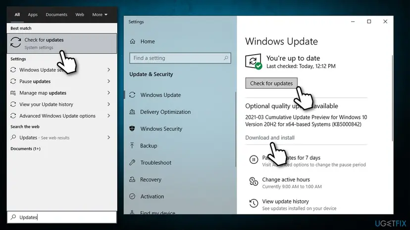 Windows search for updates beside the Windows 10 Windows Update settings page with the Check for updates button