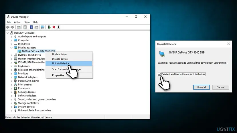Windows 10 Device Manager with the graphics card selected and the Uninstall Device window showing the Delete the driver software for this device check box