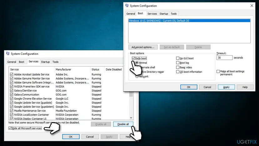 Windows 10 System Configuration window with the Services and Boot tabs, used to set up a clean boot