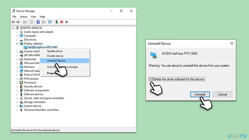 Windows 10 Device Manager with Display adapters expanded, Uninstall device chosen for an NVIDIA GeForce RTX 3060 and the Delete the driver software for this device box ticked