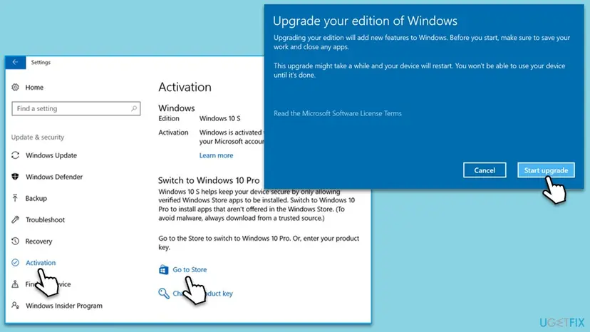 Windows 10 Settings Activation page with Go to Store and Change product key, next to the Upgrade your edition of Windows dialog with a Start upgrade button