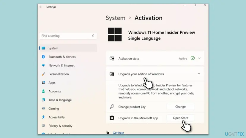 Windows 11 Settings, System, Activation on a Home edition with Upgrade your edition of Windows expanded, showing Change product key and Open Store