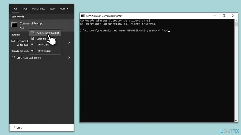 Start search for cmd with Run as administrator selected, and an Administrator Command Prompt with a net user command adding a new account