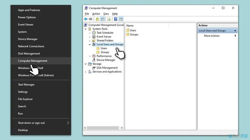 Start button menu with Computer Management selected, and Computer Management with System Tools expanded showing Local Users and Groups with Users and Groups folders