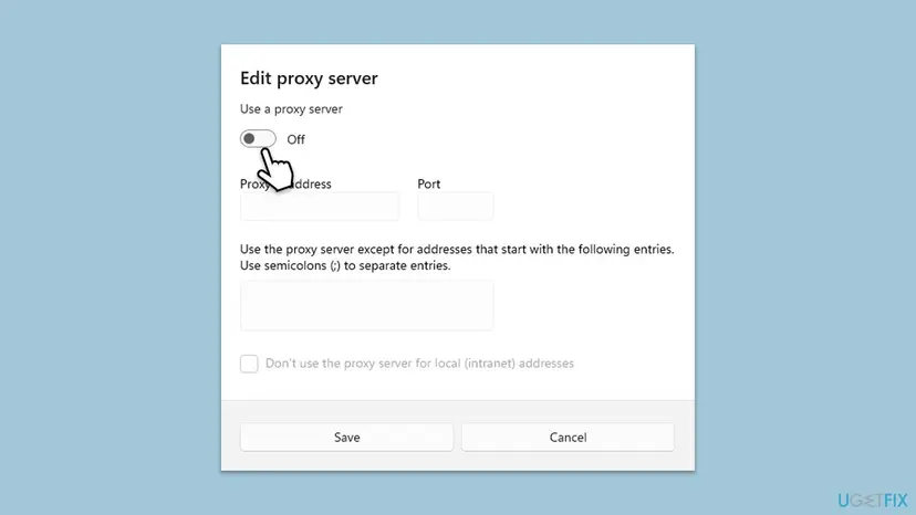 Windows 11 Edit proxy server window with the Use a proxy server switch set to Off and the Save button below