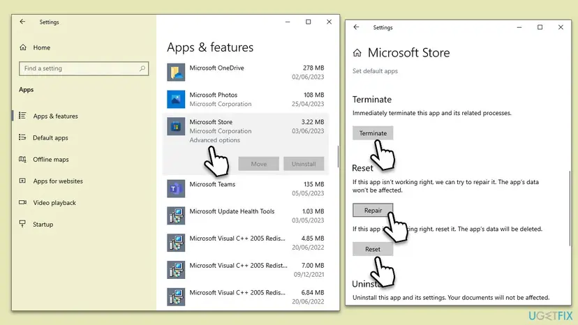 Windows 10 Apps and features with Microsoft Store Advanced options selected next to the Store settings page with Terminate, Repair and Reset buttons