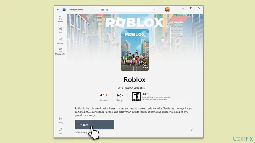 Microsoft Store page of the older Roblox app by ROBLOX Corporation with the Update button selected and the Library link in the left menu