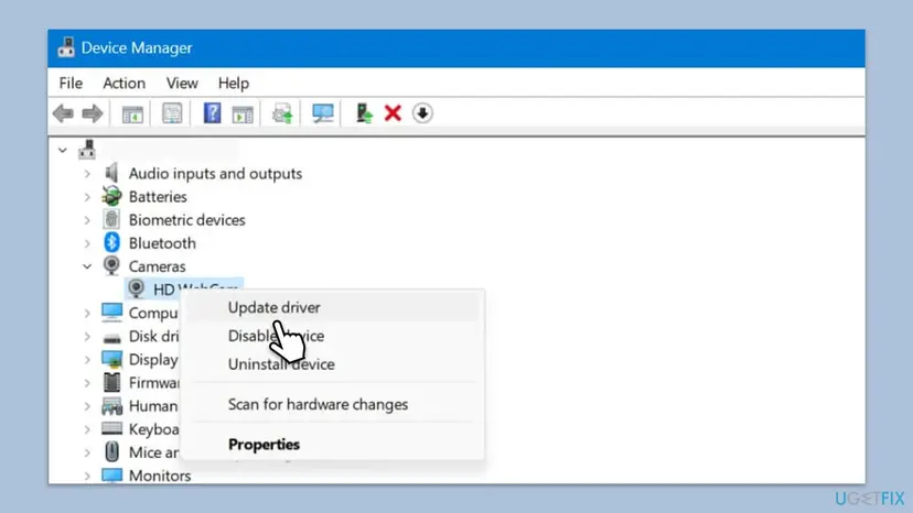 Device Manager with the Cameras category expanded and the right-click menu of a webcam showing Update driver, Disable device and Uninstall device