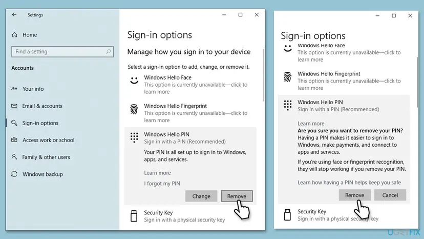 Windows 10 Settings, Accounts, Sign-in options with Windows Hello PIN expanded, showing Change, Remove and I forgot my PIN, and the confirmation Are you sure you want to remove your PIN