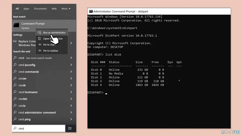 Command Prompt run as administrator with DiskPart open and list disk showing five disks with their sizes