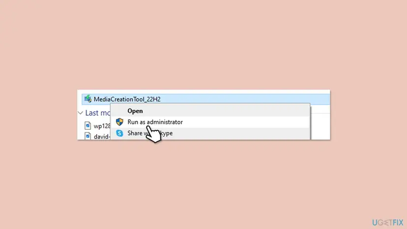 File Explorer with the right-click menu of MediaCreationTool_22H2 open and Run as administrator selected