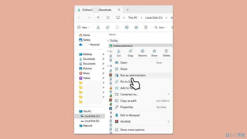 File Explorer in Windows 11 with the right-click menu of mediacreationtool open and Run as administrator selected