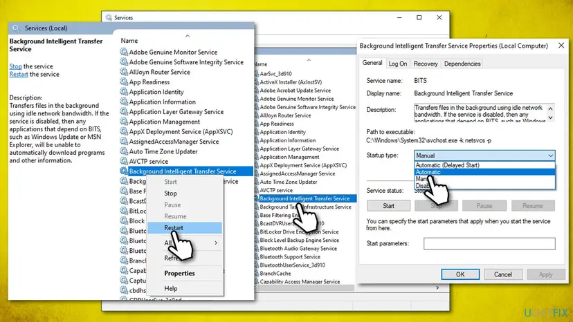 Services window with Background Intelligent Transfer Service selected, its right-click menu with Restart, and its Properties window with the Startup type list open