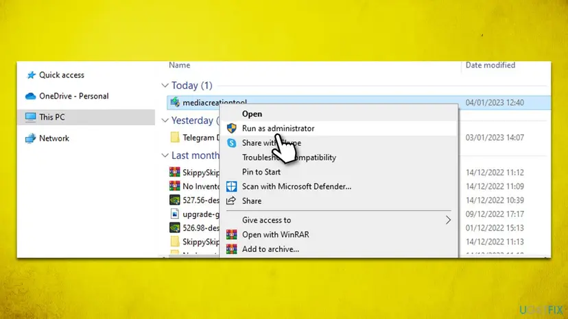 File Explorer with the right-click menu of mediacreationtool open and Run as administrator under the pointer