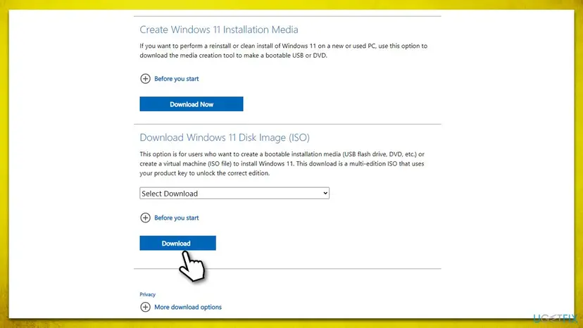 Microsoft's Windows 11 download page with the Download Windows 11 Disk Image (ISO) section, the Select Download list and the Download button