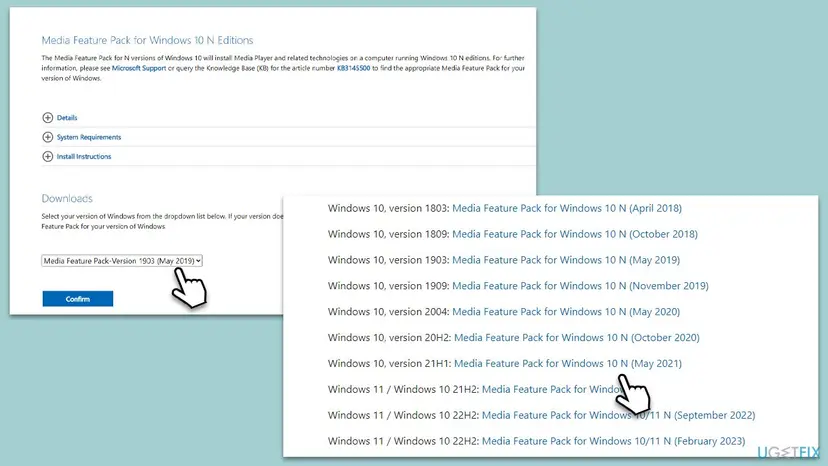 Microsoft download page Media Feature Pack for Windows 10 N Editions with a version dropdown, next to Microsoft's list of Media Feature Pack articles by Windows 10 and Windows 11 version
