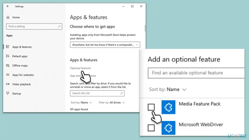 Windows 10 Settings Apps and features page with the Optional features link, next to the Add an optional feature list showing Media Feature Pack with an empty checkbox above Microsoft WebDriver