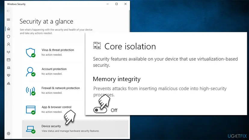Windows Security with Device security open and the Memory integrity switch under Core isolation details being turned on