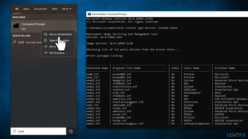 Command Prompt opened as administrator running dism /online /get-drivers /format:table to list the published names and providers of third-party drivers