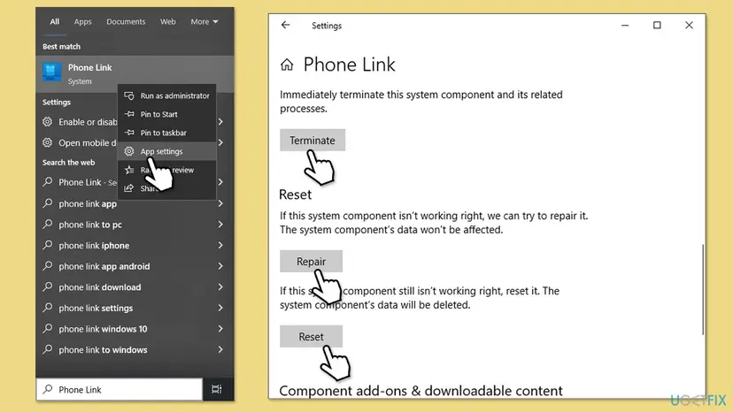 Windows search with Phone Link right-clicked and App settings chosen, and the Phone Link settings page with Terminate, Repair and Reset buttons