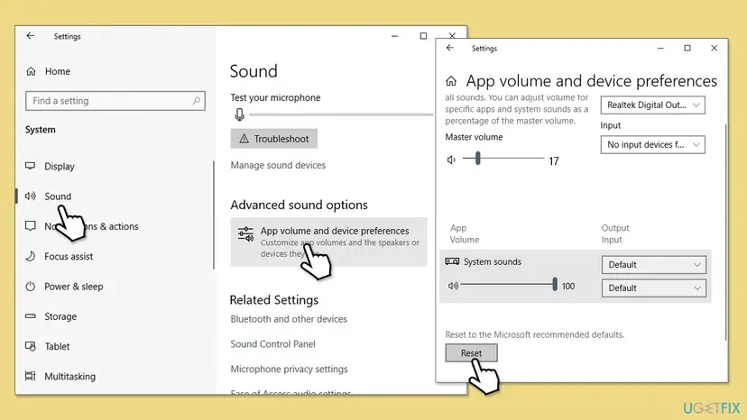 Windows 10 Settings, System, Sound with App volume and device preferences open, showing per-app Output and Input lists and the Reset button
