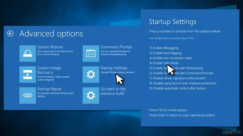 Windows recovery Advanced options screen with System Restore, Startup Repair and Startup Settings, next to the Startup Settings list with Enable Safe Mode