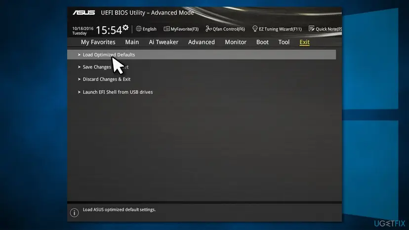 ASUS UEFI BIOS Utility in Advanced Mode on the Exit tab with Load Optimized Defaults selected