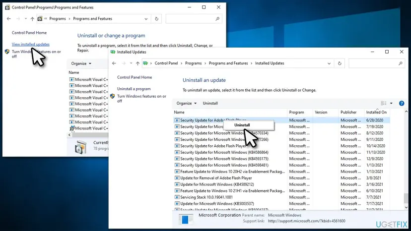Windows 10 Control Panel Installed Updates list with Update for Microsoft Windows KB4589212 and the Uninstall option open