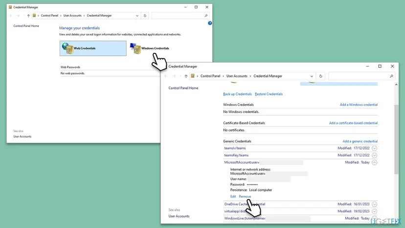 Credential Manager with Windows Credentials selected, the Generic Credentials list open, one Microsoft account entry expanded and the Remove link pointed at