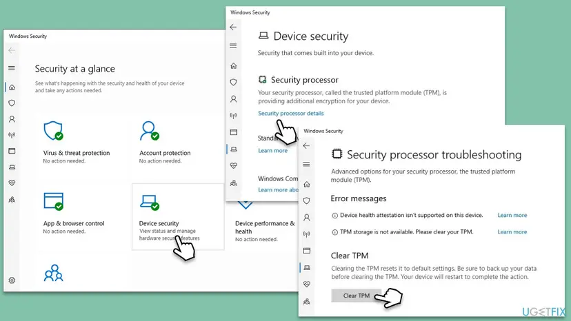 Windows Security path from Device security to Security processor details and Security processor troubleshooting, with the Clear TPM button pointed at