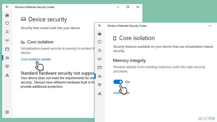 Windows Security Device security page with Core isolation details selected, next to the Core isolation page where the Memory integrity switch is set to On