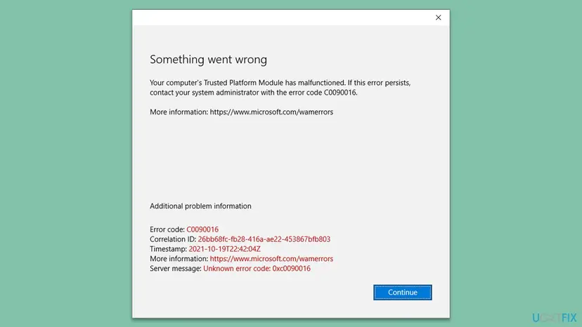 Office Something went wrong window with the text Your computer's Trusted Platform Module has malfunctioned, error code C0090016, a Correlation ID, a timestamp and a Continue button