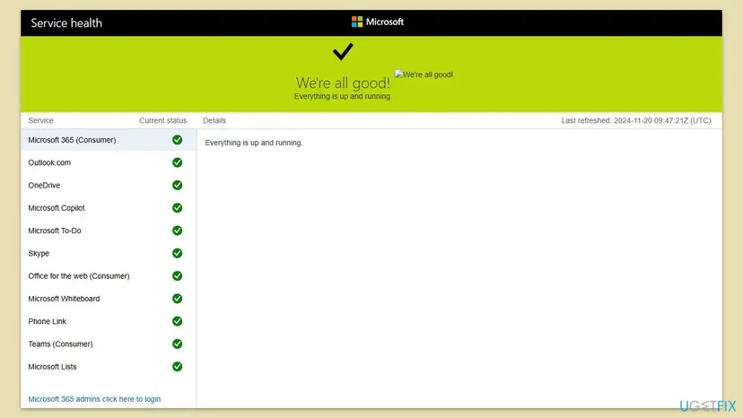 Microsoft Service health page with We're all good, Everything is up and running and green checks next to Microsoft 365 Consumer, Outlook.com, OneDrive and Teams