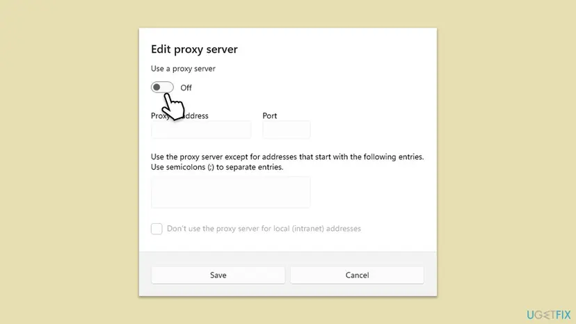 Windows 11 Edit proxy server dialog with Use a proxy server switched Off and empty Proxy IP address and Port fields above the Save button