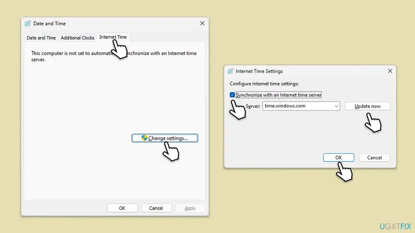 Control Panel Date and Time window on the Internet Time tab, with Internet Time Settings open and Synchronize with an Internet time server ticked for time.windows.com