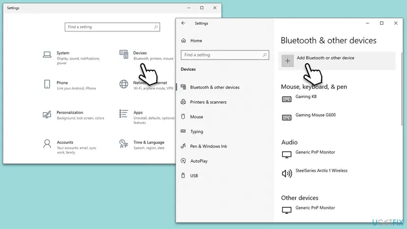 Windows 10 Settings home with Devices selected and the Bluetooth & other devices page with Add Bluetooth or other device clicked