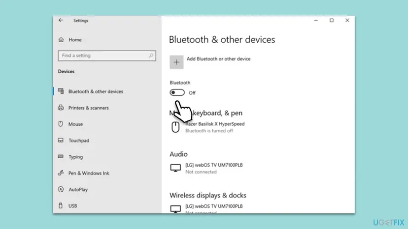 Windows 10 Bluetooth & other devices page with the Bluetooth switch set to Off and a hand pointer on the switch