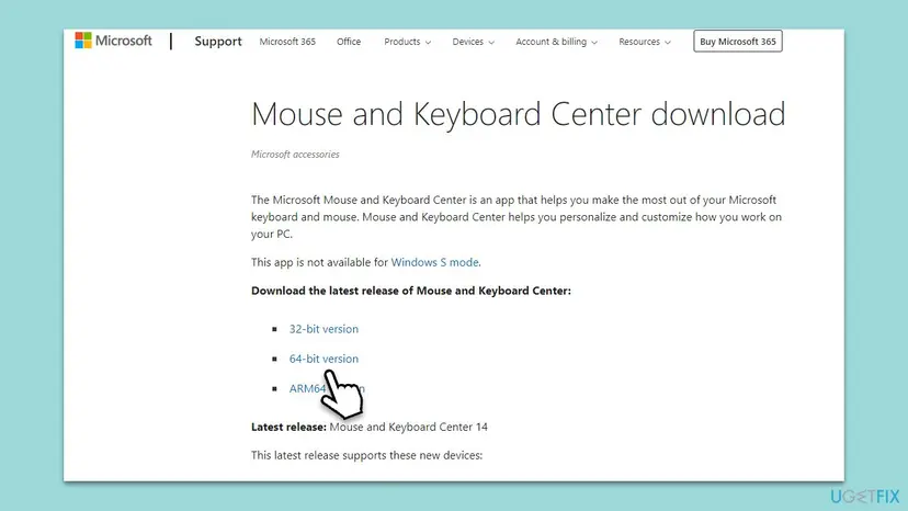 Microsoft Support page Mouse and Keyboard Center download with 32-bit, 64-bit and ARM64 version links and a pointer on 64-bit