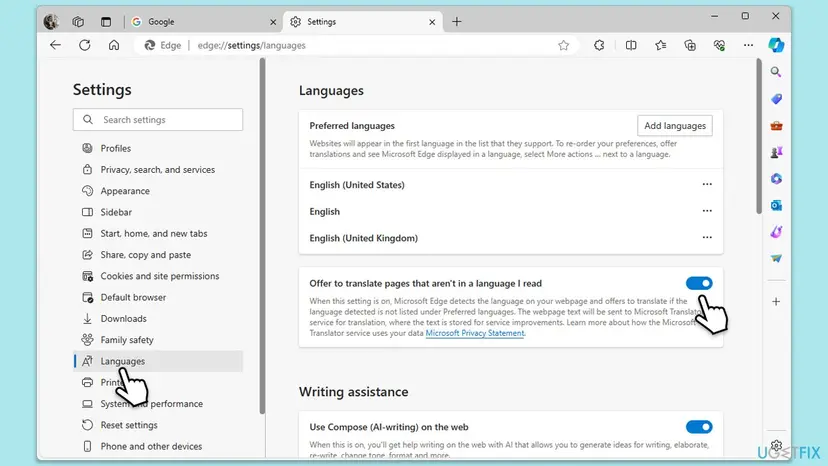 Edge Settings at edge://settings/languages with the Preferred languages list and the switch Offer to translate pages that aren't in a language I read turned on