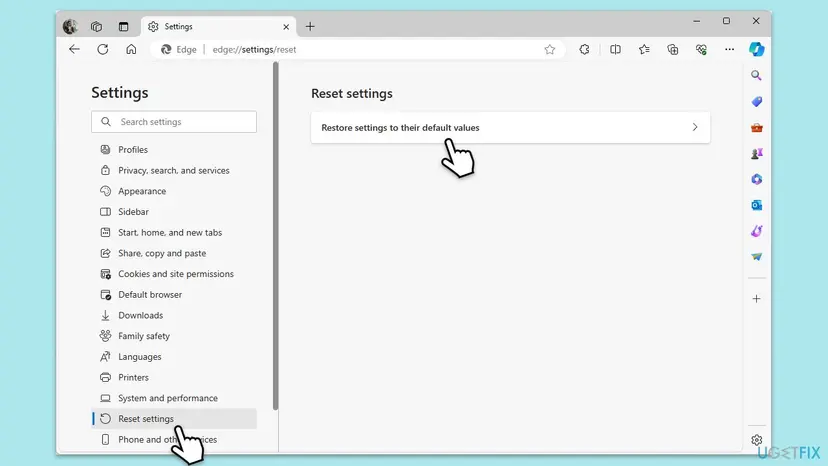 Microsoft Edge Settings at edge://settings/reset with Reset settings selected in the left menu and the option Restore settings to their default values