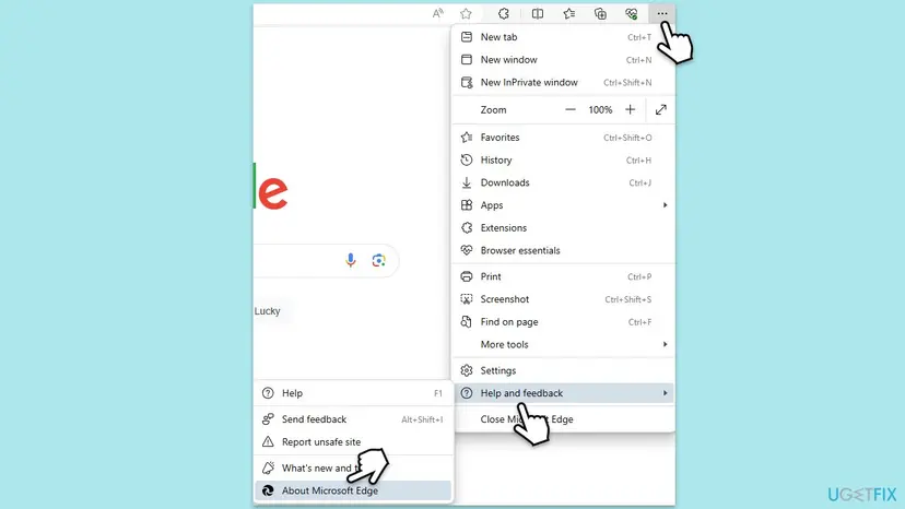 Microsoft Edge Settings and more menu open with Help and feedback selected and the submenu item About Microsoft Edge highlighted